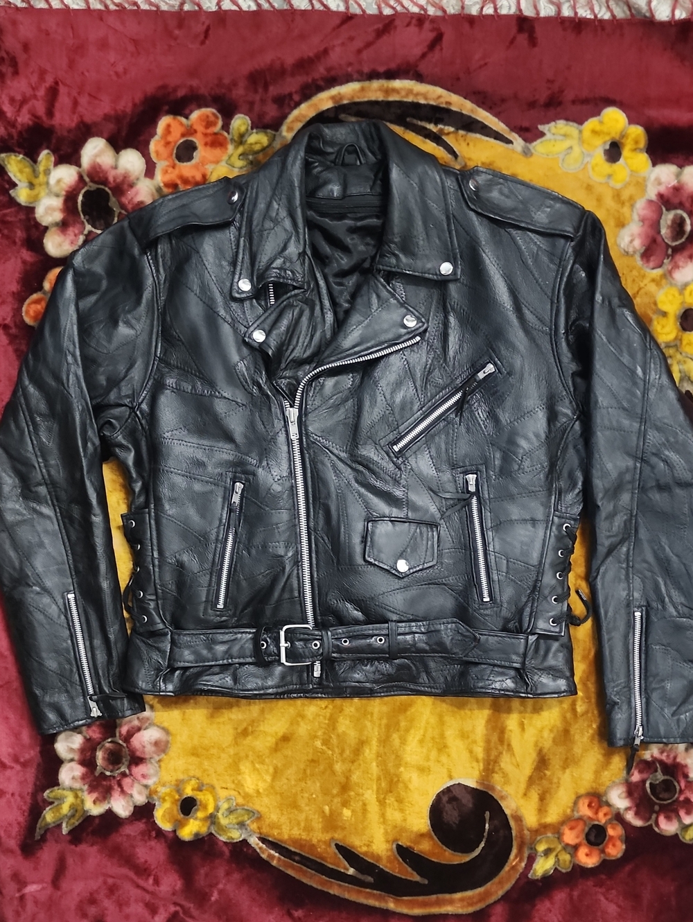 Men's Black Leather Moto Bomber Jacket with Belt